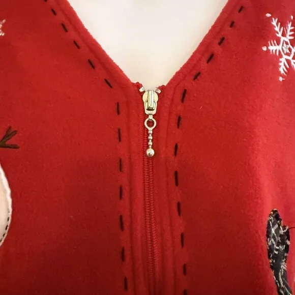 VINTAGE Red Fleece Snowman Christmas Vest Embroidered Zip Front Size Large - Picture 4 of 8